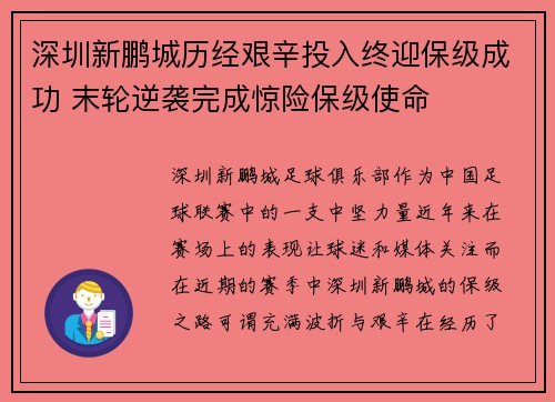 深圳新鹏城历经艰辛投入终迎保级成功 末轮逆袭完成惊险保级使命
