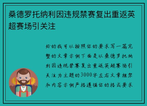 桑德罗托纳利因违规禁赛复出重返英超赛场引关注