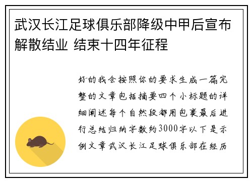 武汉长江足球俱乐部降级中甲后宣布解散结业 结束十四年征程